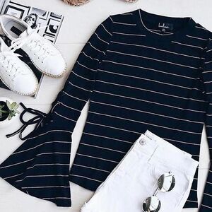 Lulus Women's Navy and White “found my mate” striped top.